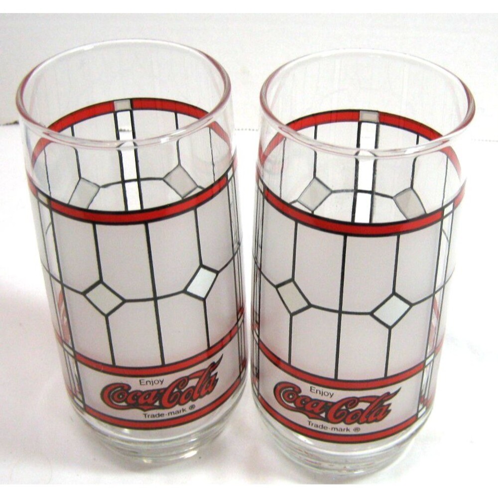 Coca Cola Frosted Stained Glass Drinking Glasses Set of 2 Red and White